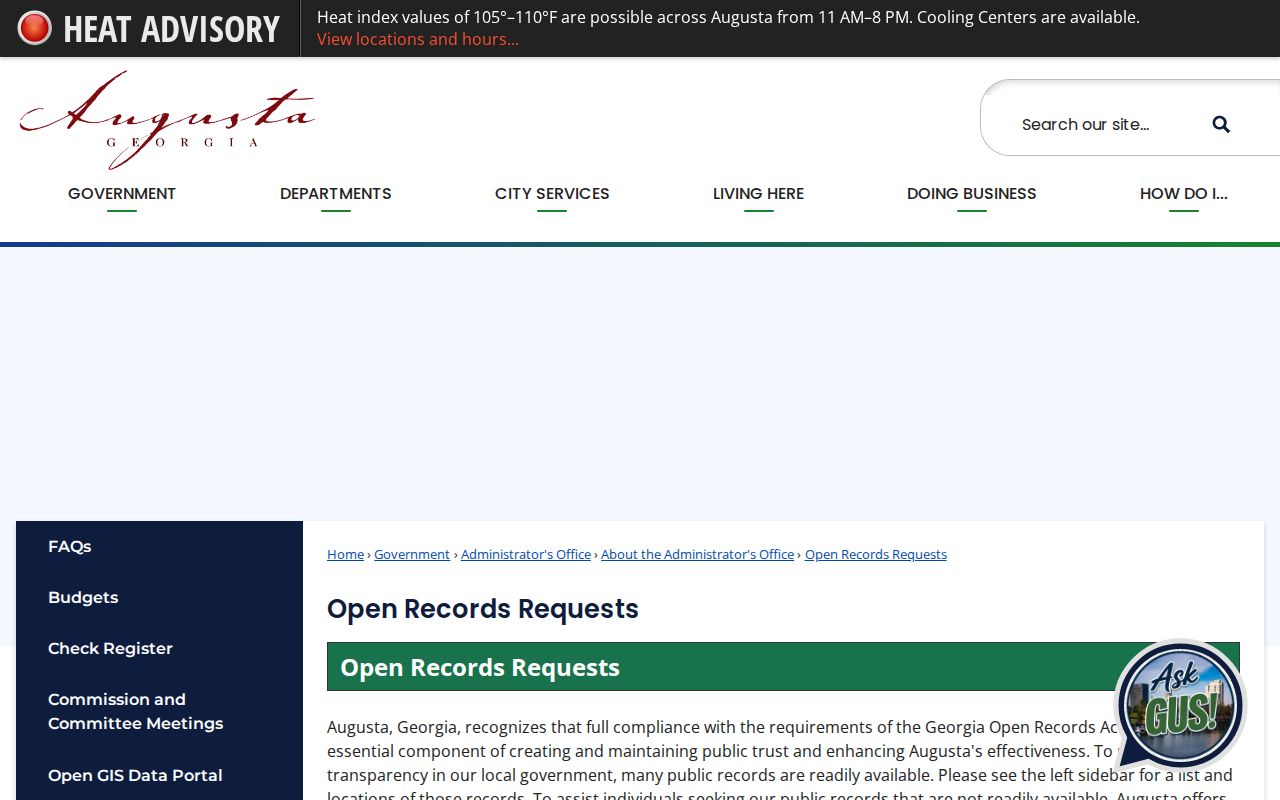 Augusta Open Records page explaining court record exclusions