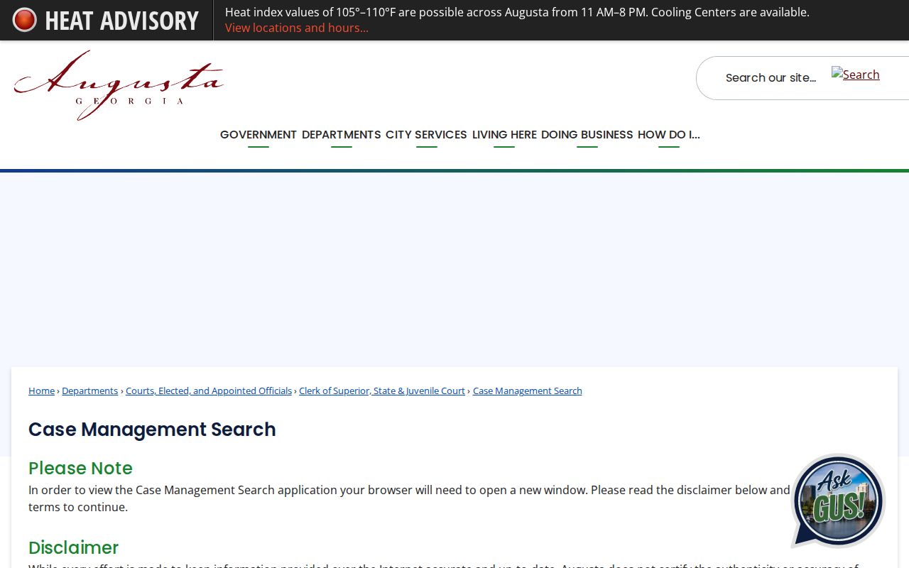 Official Augusta Case Management Search landing page